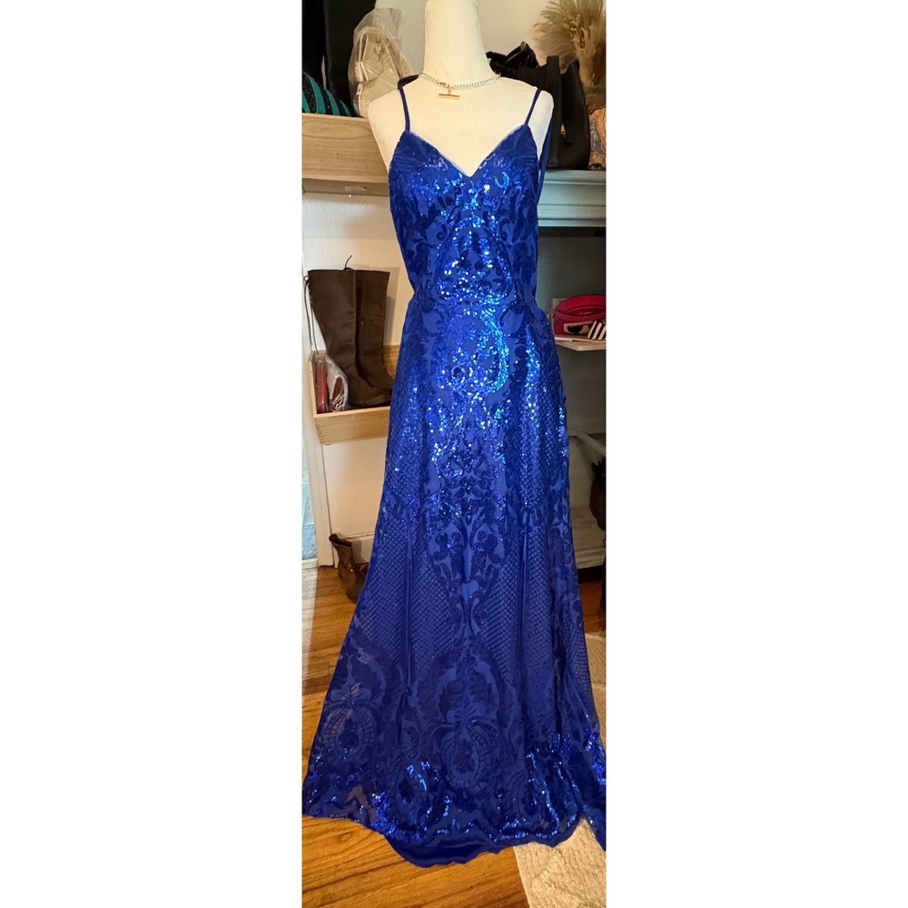 Royal Blue Sequin Gown Long Formal Evening Dress Party Prom Maxi Sz 2